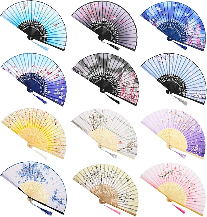 12 Pcs Fans for Line Dancing Vintage Silk Floral Folding Fan Chinese Hand Fans by Unknown