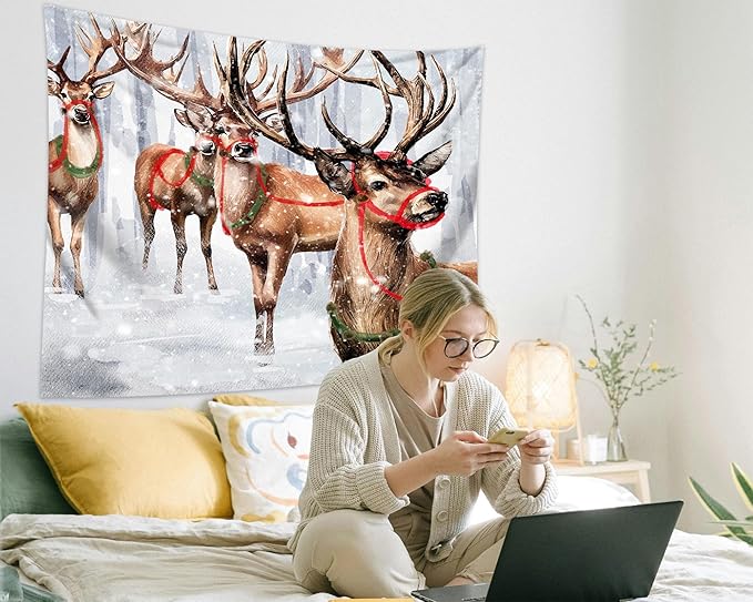 QGHOT Winter Tapestry Wall Hanging Winter Forest Backdrop Christmas Snowy Deer - Image 4