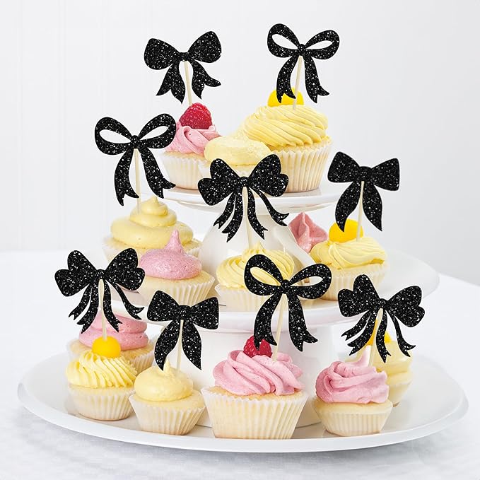 Gyufise 36Pcs Bow Cupcake Toppers Glitter Girls Birthday Decorations Bowknot - Image 4