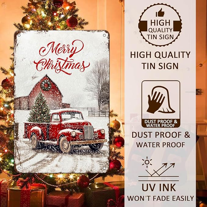 Vintage Christmas Red Truck Tin Sign Merry Christmas Truck Christmas Tree Metal - Image 4