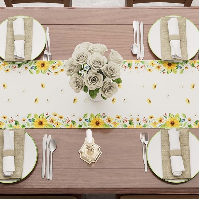 XCHI Yellow White Daisies Flowers Gnomes Spring Table Runner Burlap Table - Image 3