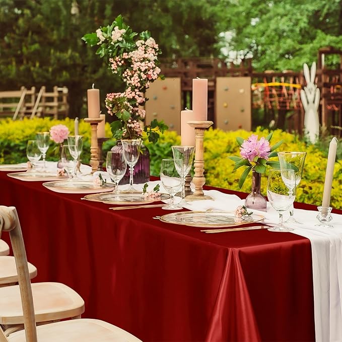 TURSTIN 1 Pack Burgundy Satin Tablecloth 102 x 58 Inch Overlay Satin Table - Image 6