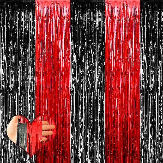 4 Pack 3.2Ft x 6.6Ft Black Red Fringe Curtain Backdrop, Metallic Tinsel Foil by Mebiornt