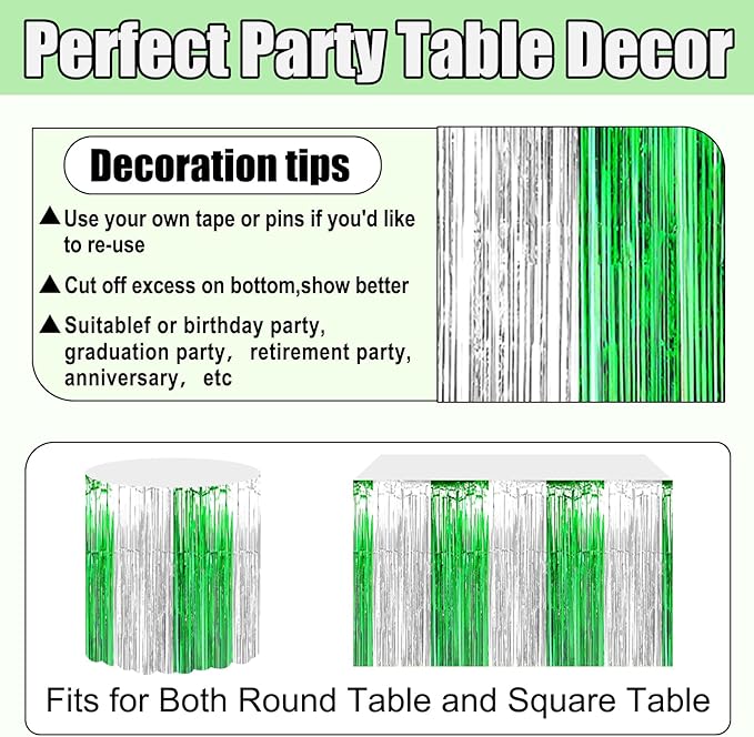 3 Pack 29x108 Inch Silver Green Foil Fringe Table Skirts Metallic Banner - Image 3