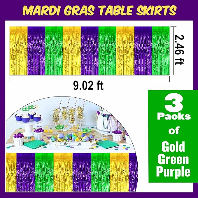 3 Pack Gold Green Purple Foil Fringe Table Skirts Metallic Tinsel Streamers - Image 2