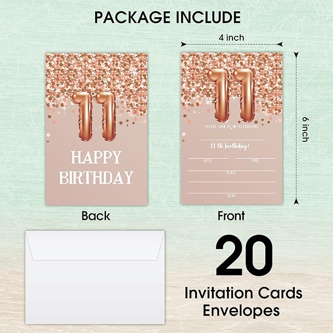 11th Birthday Invitation Cards, Rose Gold Glitter 11th Birthday Party Invites - Image 2