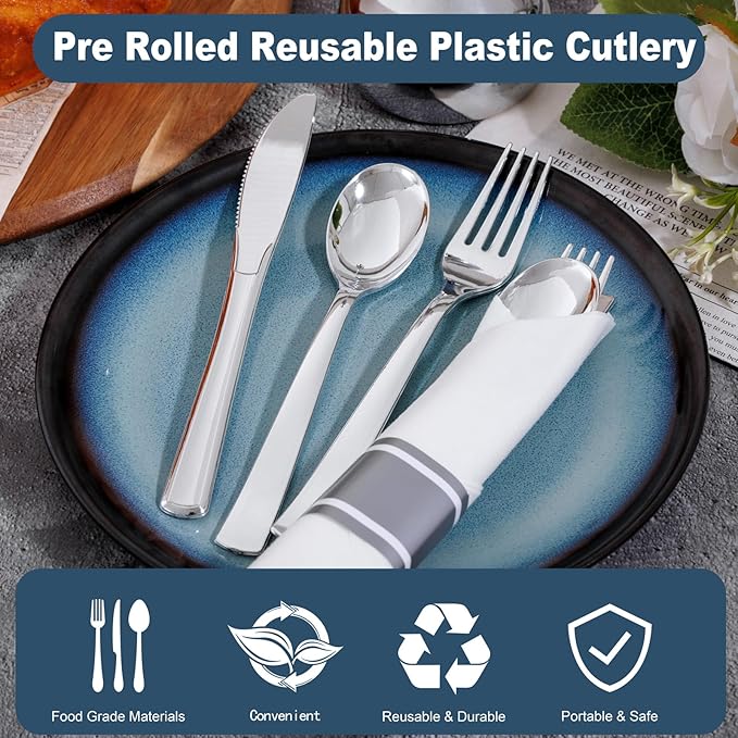400PCS Pre Rolled Silver Plastic Silverware Sets - Image 4