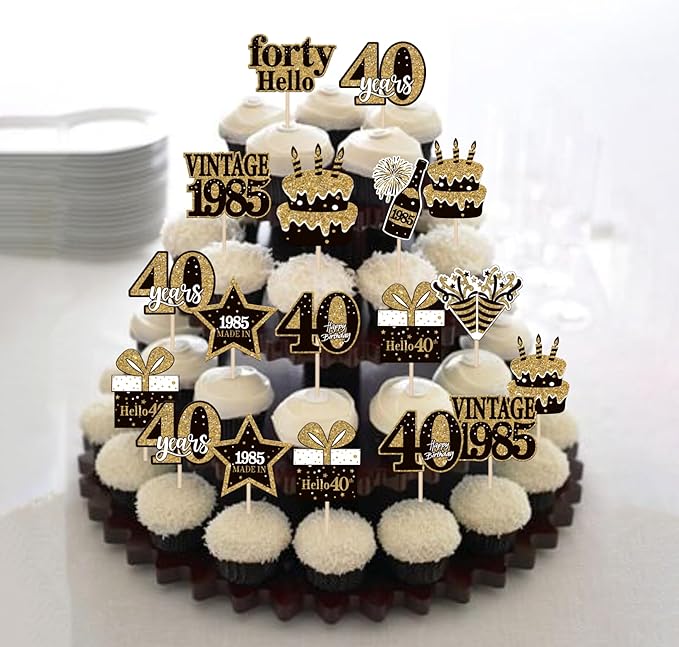 36PCS Happy 40th Birthday Cupcake Toppers Double Sided Black Gold Forty Hello - Image 7