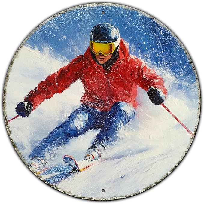 Round Ski Vintage Metal Sign Skiing Sign, Office Sign Home Décor Ski Lodge by GJXFTPTTBD