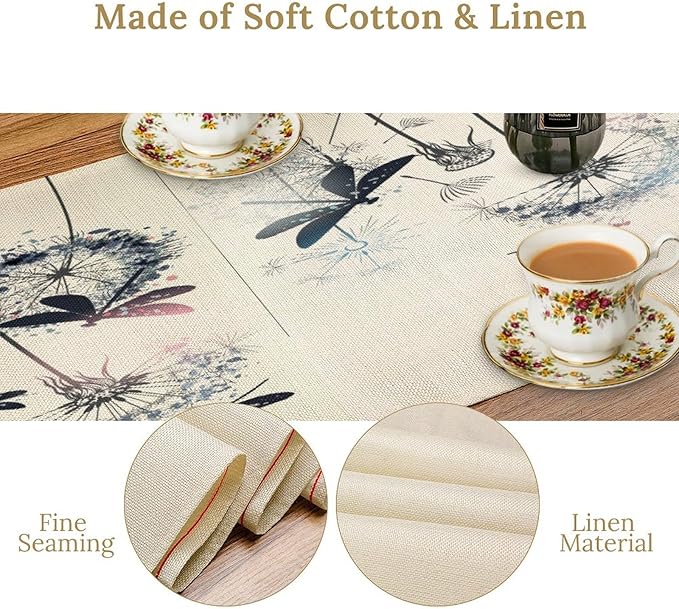 Dandelion Table Runner, Nature Rustic Dragonfly Teal Blue Floral Pattern Print - Image 4