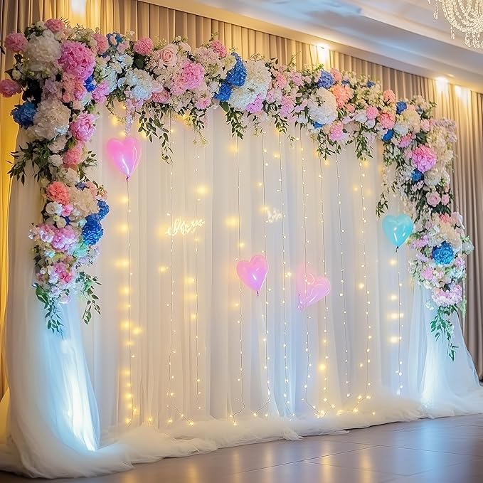Tulle Backdrop Curtain with Lights String 30 X 10FT Ivory Sheer Tulle Backdrop - Image 7