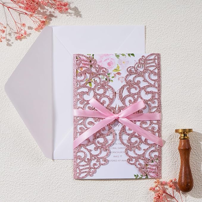 25pcs Glitter Laser Cut Wedding Invitation Kits Pink Personalized Invitation - Image 5