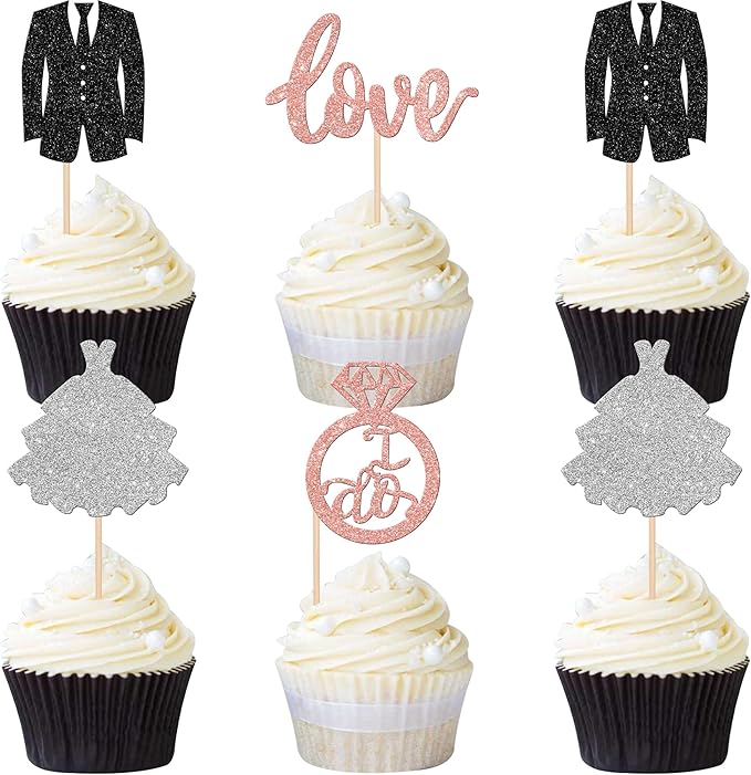 24 PCS Groom and Bride Cupcake Toppers Glitter Ring Love I Do Cupcake Picks by ZHUOWEISM