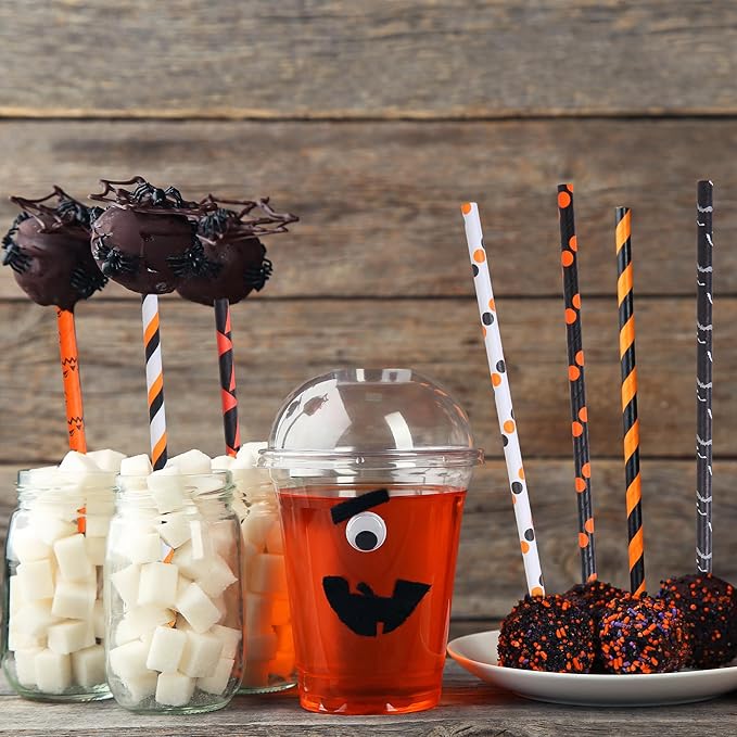 Cooraby 200 Pieces Halloween Paper Straws Pumpkin Bat Spider Web Pattern Straws - Image 5