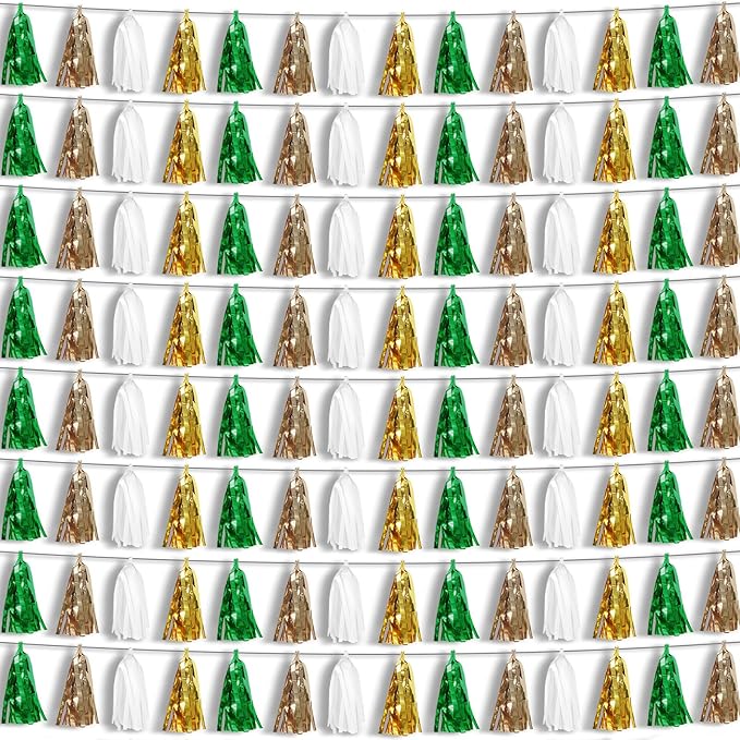8P Sage-Green Beige-Mint Gold Foil Fringe Metallic Tassel Garland Banner by HYSILLA