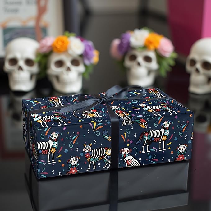 LeZakaa Day of the Dead Wrapping Paper Roll, Colorful Skeleton Dogs Cats - Image 5