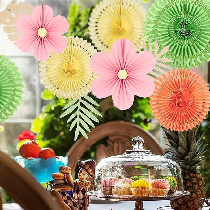 SUNBEAUTY Paper Flowers Pink and Green Party Decorations Hanging Fans Spring - Image 5