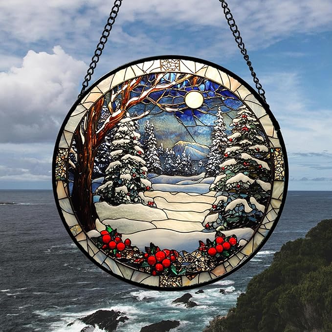 Stained Glass Window Hanging Christmas Tree Winter Snow Night Scenery Large - Image 2