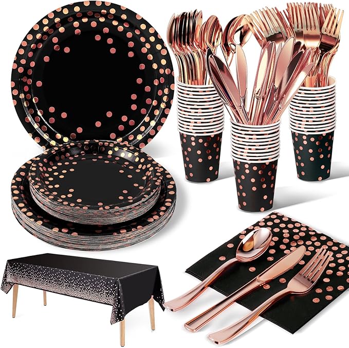 141 Pieces Black and Rose Gold Party Supplies, Party Dinnerware Sets Include by Nkaiso