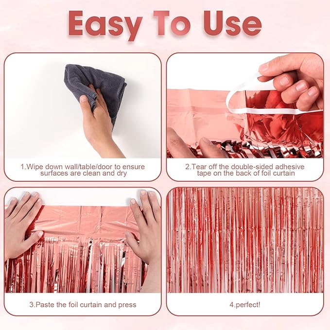 4 Pack Rose Gold Foil Fringe Backdrop Curtains, Tinsel Streamers Birthday Party - Image 4