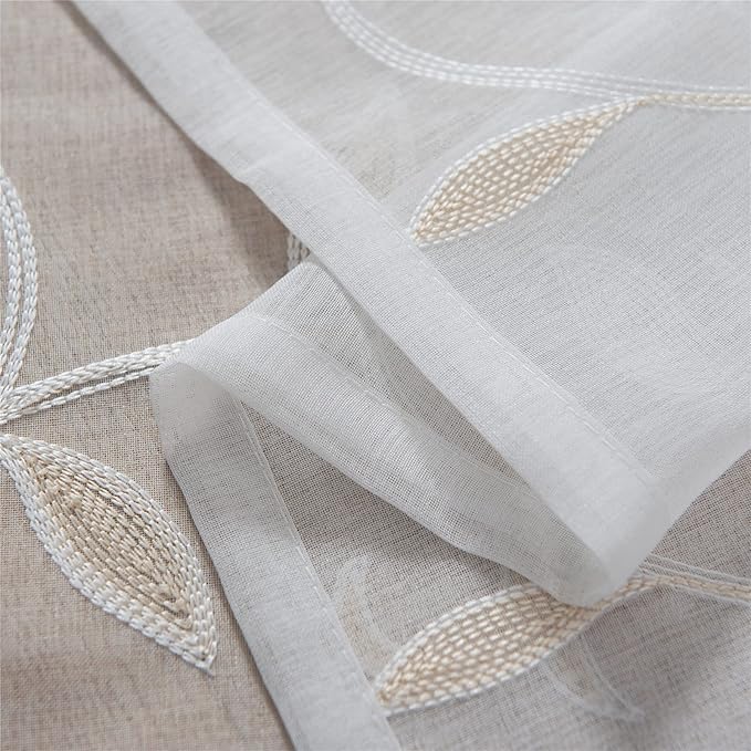 VISIONTEX White Sheer Voile Curtains, Decorative Beige Leaves Embroidery Faux - Image 3