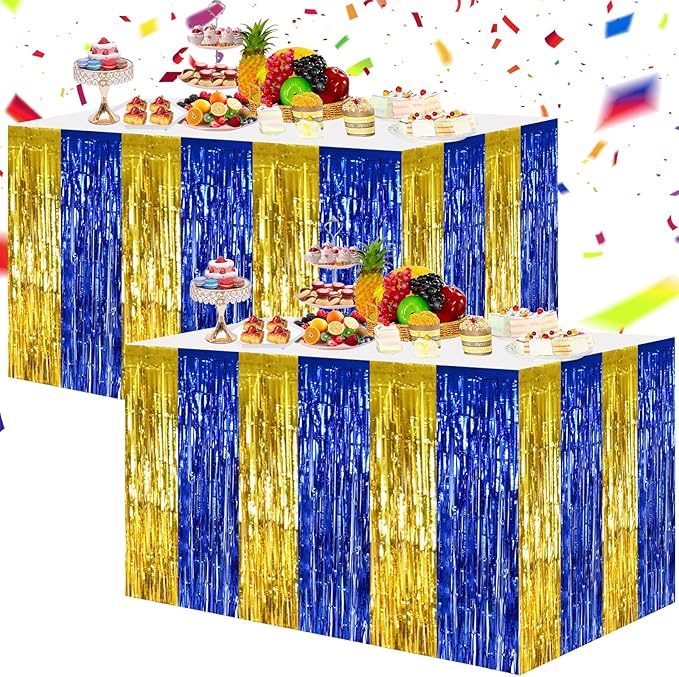 BEISHIDA 2 Pack Blue Gold Table Skirts Party Decorations Metallic Tinsel Foil by Beishida