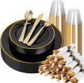 SUT 175 Pcs Black and Gold Plastic Dinnerware Set by SeeYouTomorrow
