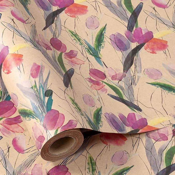 RUSPEPA Tulips Floral Wrapping Paper Roll, Watercolor Gift Wrap, Mini Roll by RUSPEPA