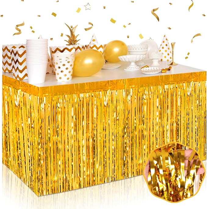 3 Pack 29 x108 Inch Gold Foil Fringe Table Skirts Metallic Banner by Mebiornt