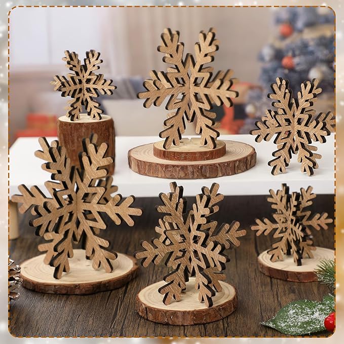 Bucherry 12 Pcs Wooden Snowflake Table Decor 3D Snowflake Tabletop Signs and - Image 5