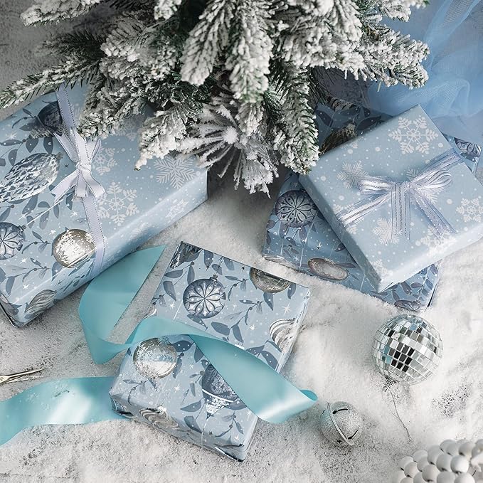 LeZakaa Christmas Silver Wrapping Paper Mini Roll, Reversible Design - Image 3