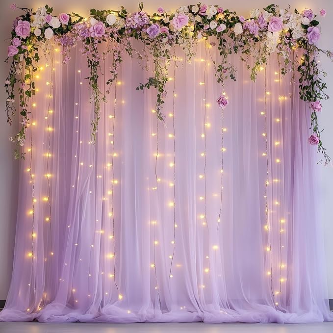 Tulle Backdrop Curtain with Lights String 10FT X 10FT Lavender Sheer Tulle by Xiomot