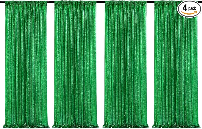 Poise3EHome 4Pcs 2Ft x 8Ft Green Sequin Backdrop Curtains, Glitter Photography by Poise3EHome
