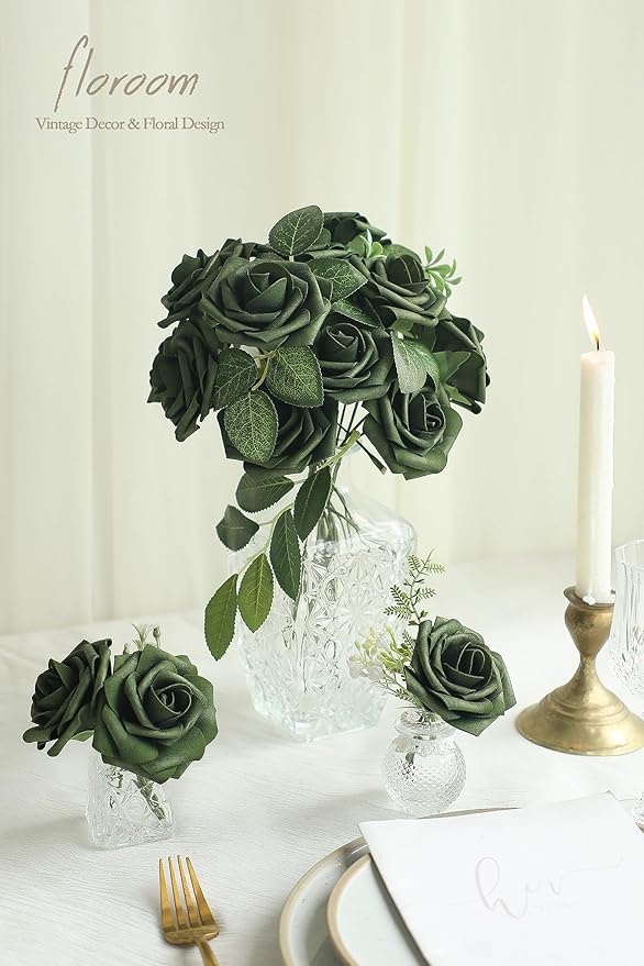 Floroom Artificial Flowers 50pcs Real Looking Emerald Green Foam Fake Roses - Image 2