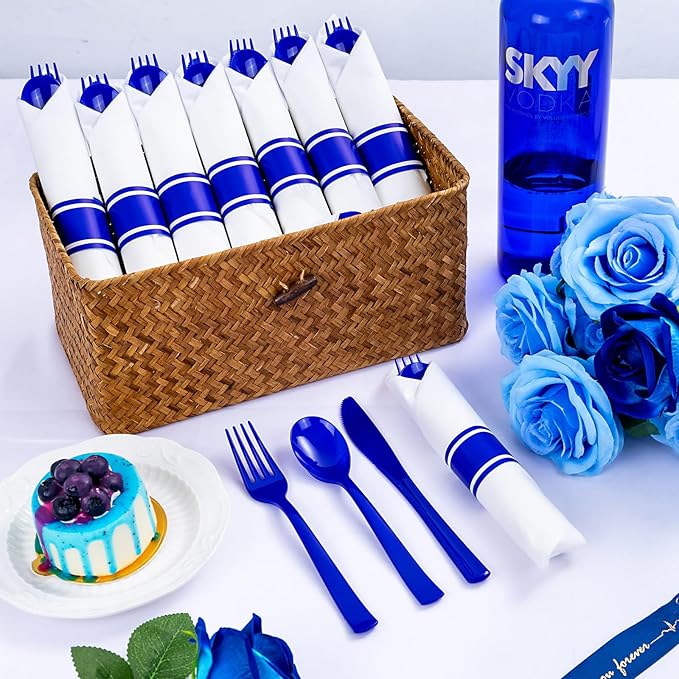 400PCS Pre Rolled Blue Plastic Silverware Sets - Image 3