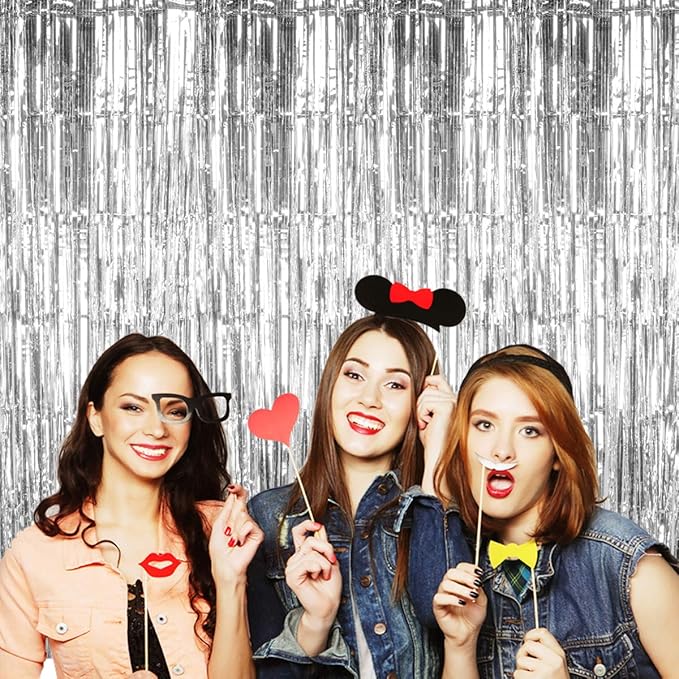 BTSD-home Silver Foil Fringe Curtain, Metallic Photo Booth Backdrop Tinsel Door - Image 2
