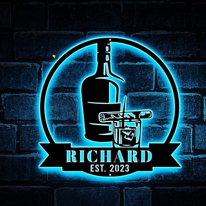 Custom Bourbon Cigar Metal Wall Art LED Light Personalized Whiskey Smoke Sign by soulglass
