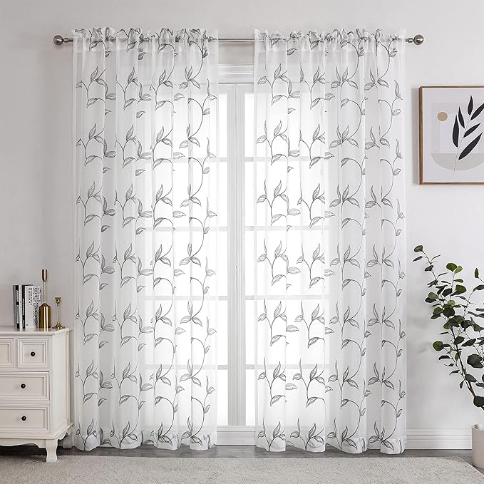 VISIONTEX Sheer Curtains 95 Inch Length 2 Panels, Decor Iron Grey Vine Leaves - Image 2