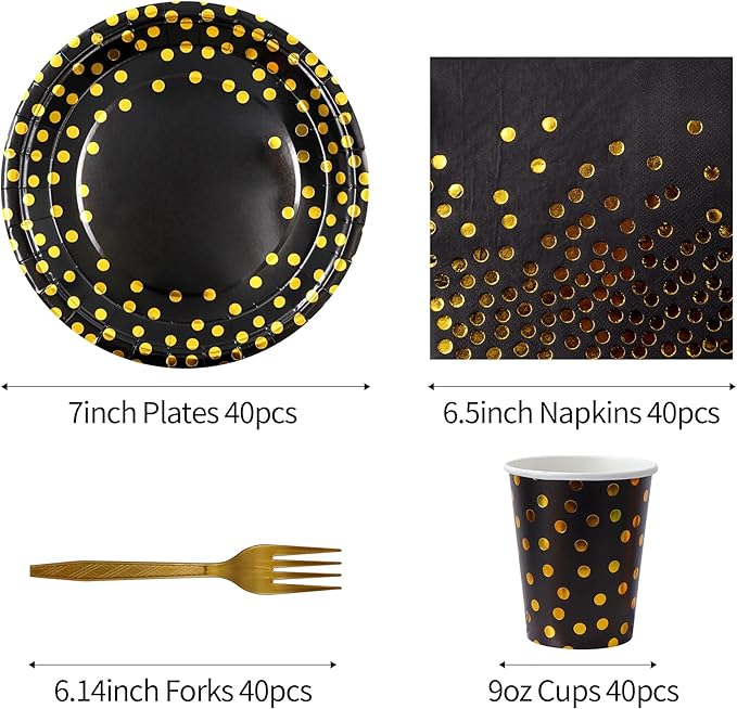 160 Pcs Black and Gold Paper Plates, Forks and Cups Party Supplies, Disposable - Image 2