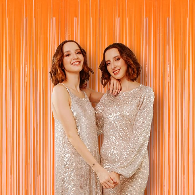 2 Pack Orange Foil Fringe Backdrop Curtains, Tinsel Streamers Birthday Party - Image 7