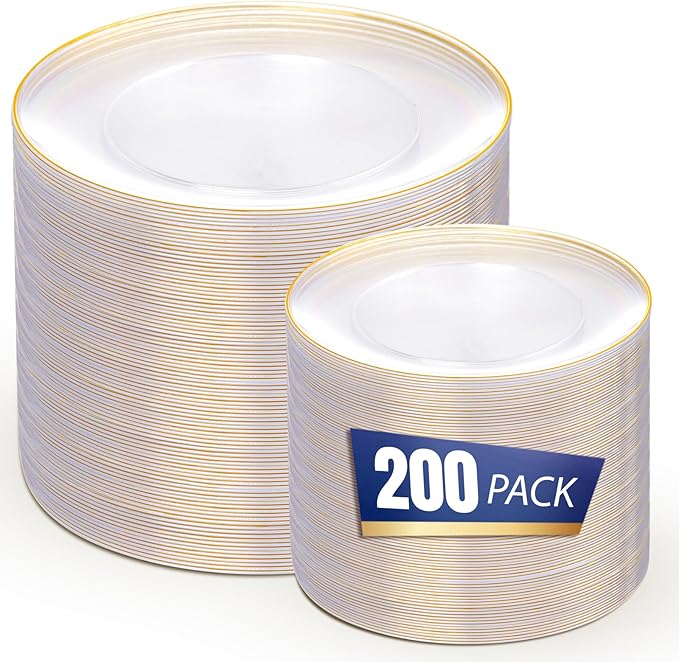 bUCLA 200PCS Clear and Gold Plastic Plates by BUCLA