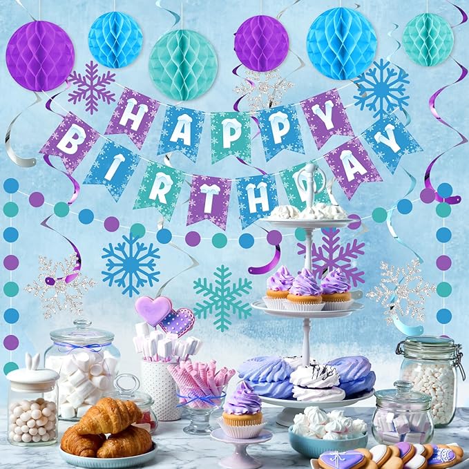 Funrous Snowflake Birthday Decorations Happy Birthday Banner Snowflake Hanging - Image 3