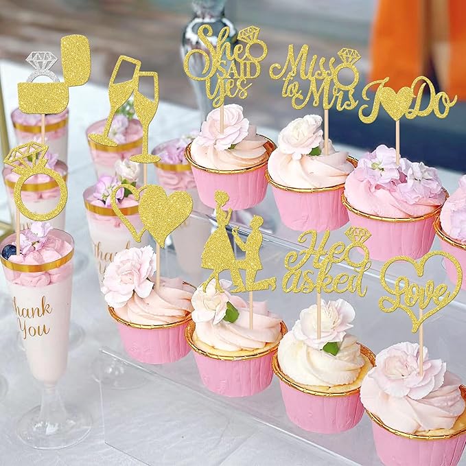 30 PCS He Asked She Said Yes Cupcake Toppers Glitter Engagement Cupcake Toppers - Image 4