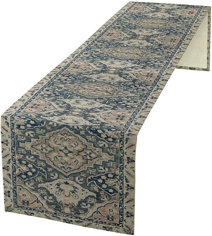 Vintage Boho Floral Table Runner, Rustic Country Farmhouse Blue Grey Retro by Unknown