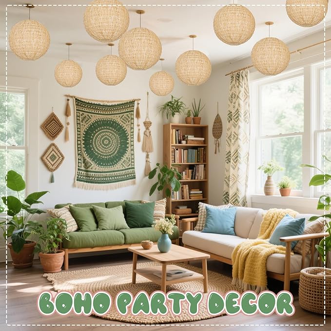10Pcs 10" Boho Fall Party Decorations, Hanging Round Print Burlap Paper Lanterns - Image 7