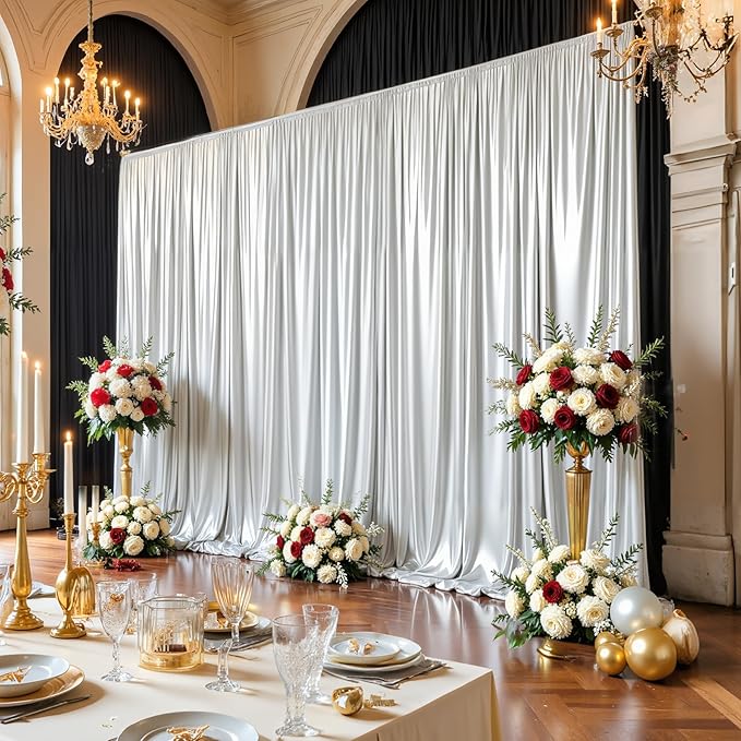 Silver Satin Backdrop Curtains 2 Panels - Image 4
