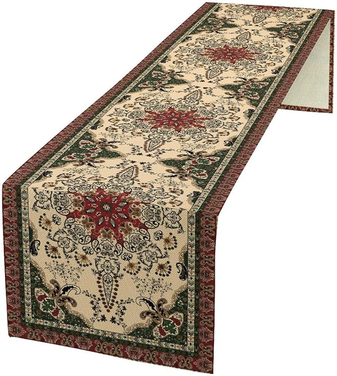 Vintage Paisley Bohemian Table Runner Beige Red Rustic Farmhouse Home Kitchen by Unknown
