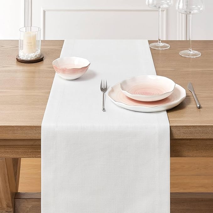 ZeeMart Linen Textured Border Table Runner, 14 x 48 Inch White, Farmhouse Style - Image 3