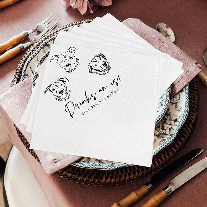 Luxury Customized Illustrated Dog Wedding Napkins, Personalized Photo Napkins - Image 3