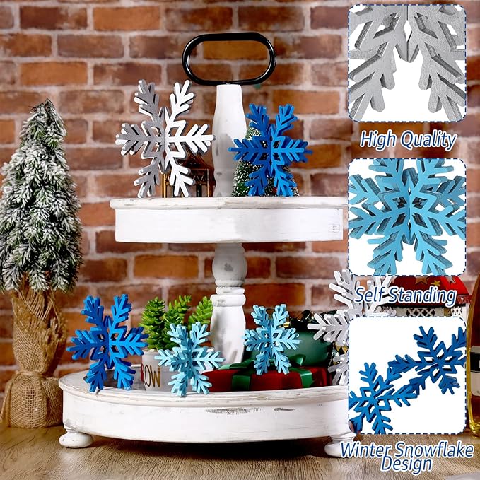 Bucherry 12 Pcs Wooden Snowflake Table Decor 3D Snowflake Tabletop Signs and - Image 3